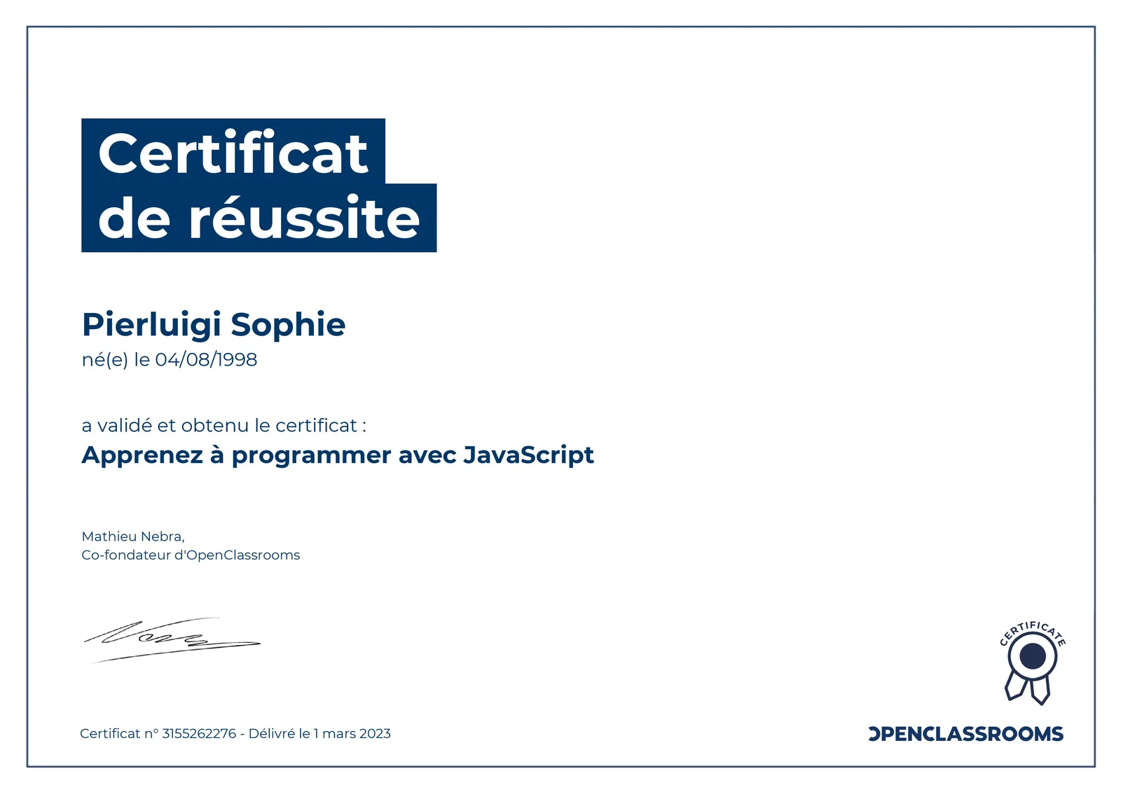 Certification OpenClassrooms JavaScript